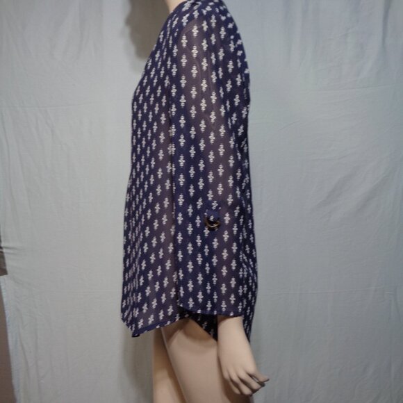 Sheer blue with white patterned Maurices long sleeve blouse in size Medium - Picture 2 of 6